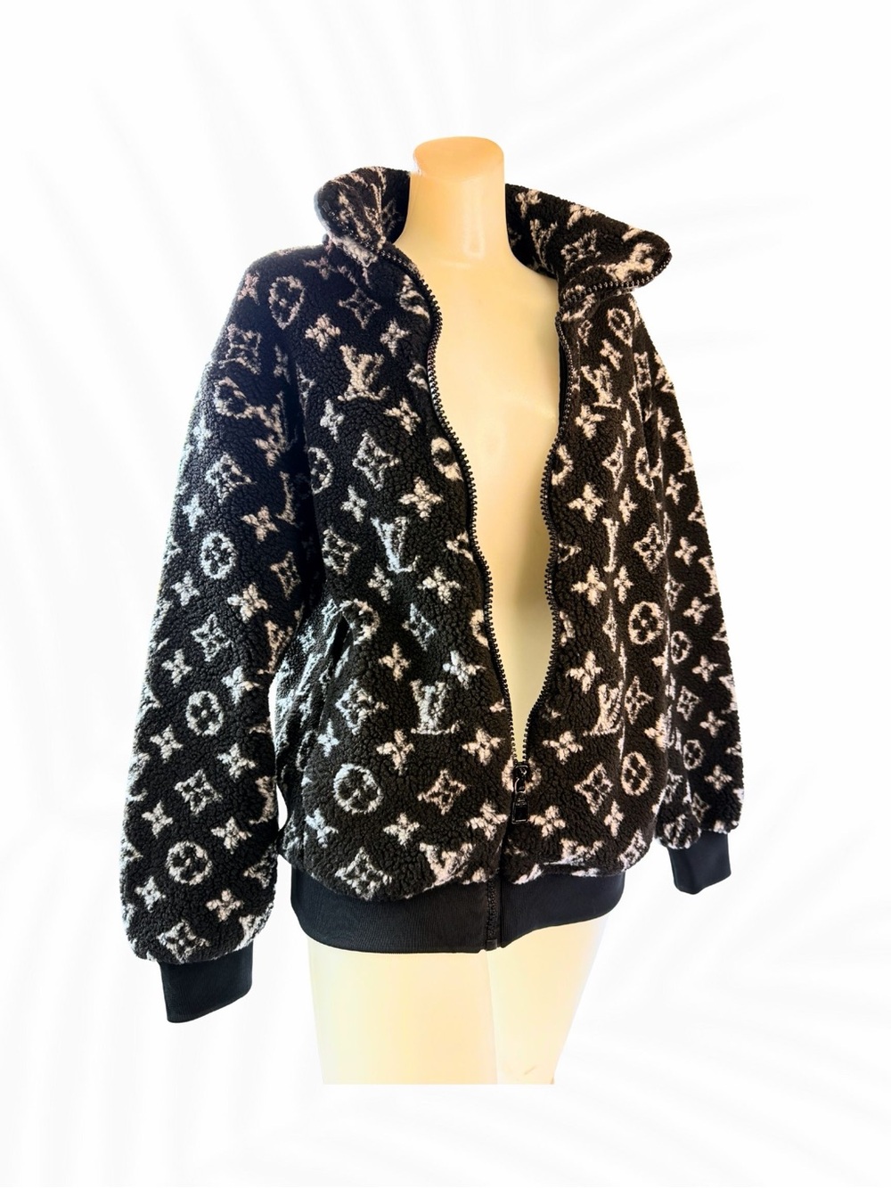 Louis Vuitton Monogram Fleece Zip Jacket Black White Teddy Coat XS Made in Italy